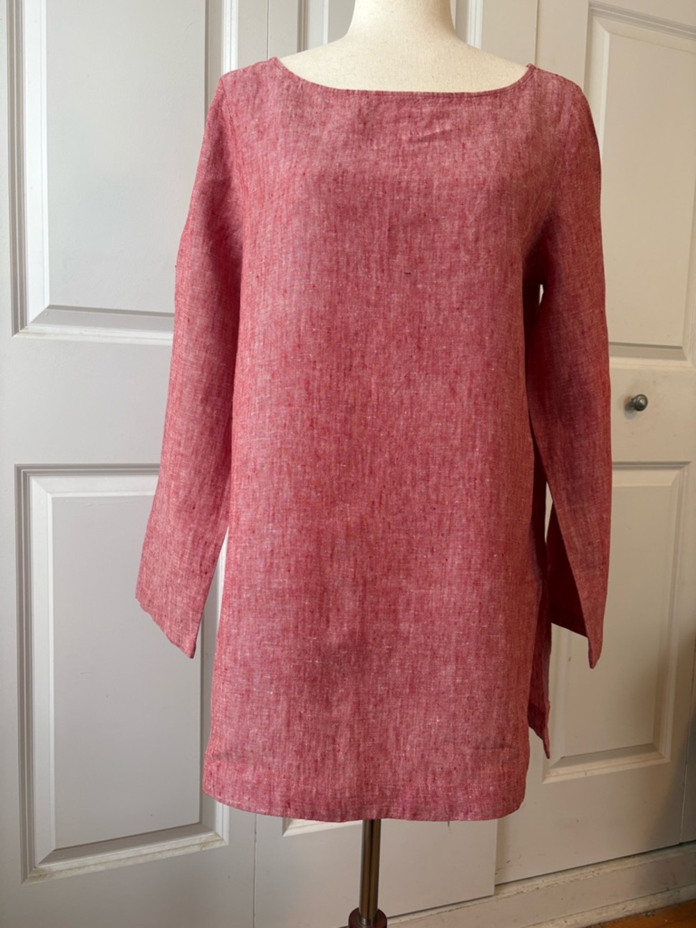 Soft Surroundings strawberry pink linen tunic top.